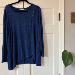Habitat Blue Navy Blouse Abstract Damask Jacquard Asymmetric Hem Top Boho Artsy